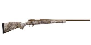 Synthetic camo bolt action rifle with threaded barrel.